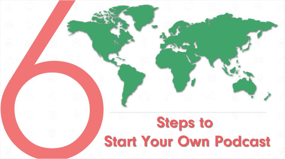 With the countries in green, this is a map of the world against a neutral white backdrop. 6 Steps Start Your Own Podcast is in red text in the corner, with the 6 being as large as the rest of the map.