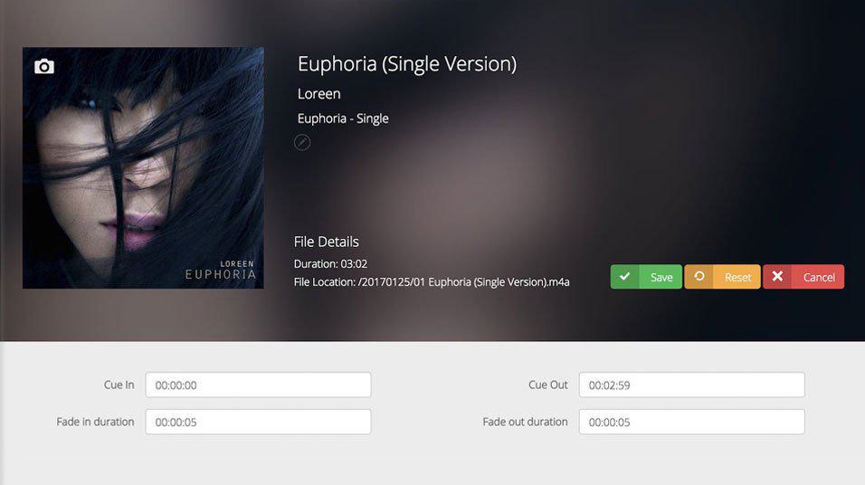 This is a screenshot of the new Radio.co track editor. There is album art work for a song by Loreen in the left hand side of the image. Below it is a grey list of tracks and features, ilegible.