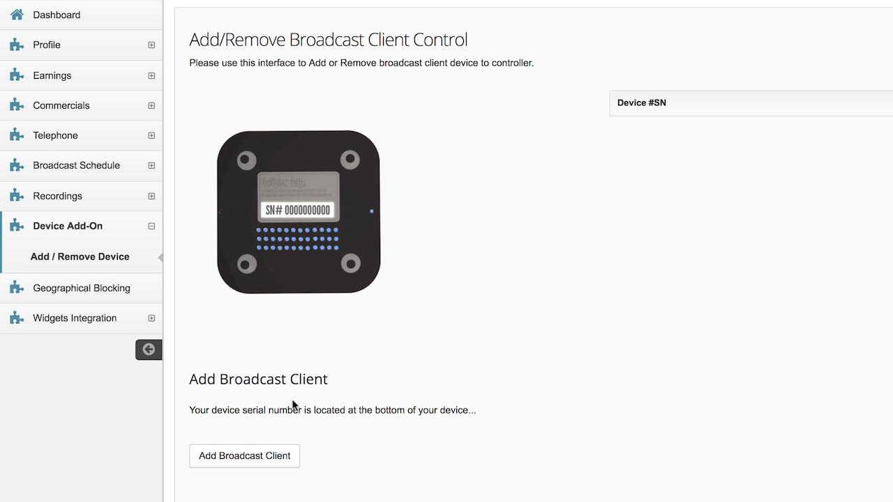 Image is a screenshot from the zerhex control panel, showing the tab for adding and removing a Broadcast Client.