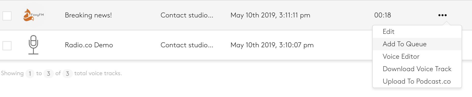 Image is a screenshot from the Radio.co dashboard showing voice tracked files.