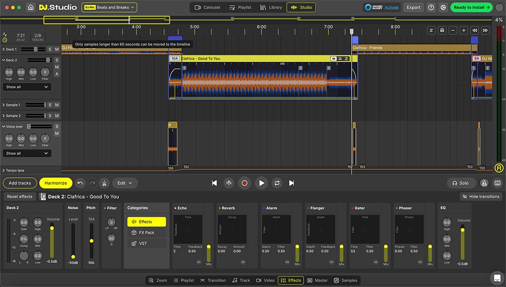 Image shows the studio view in DJ studio, with two deck lanes and a voice over lane in use.
