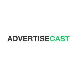 Image is the logo for Advertisecast, featuring a white background. The word "advertise" is in capital black font and the word "cast" is in green font.
