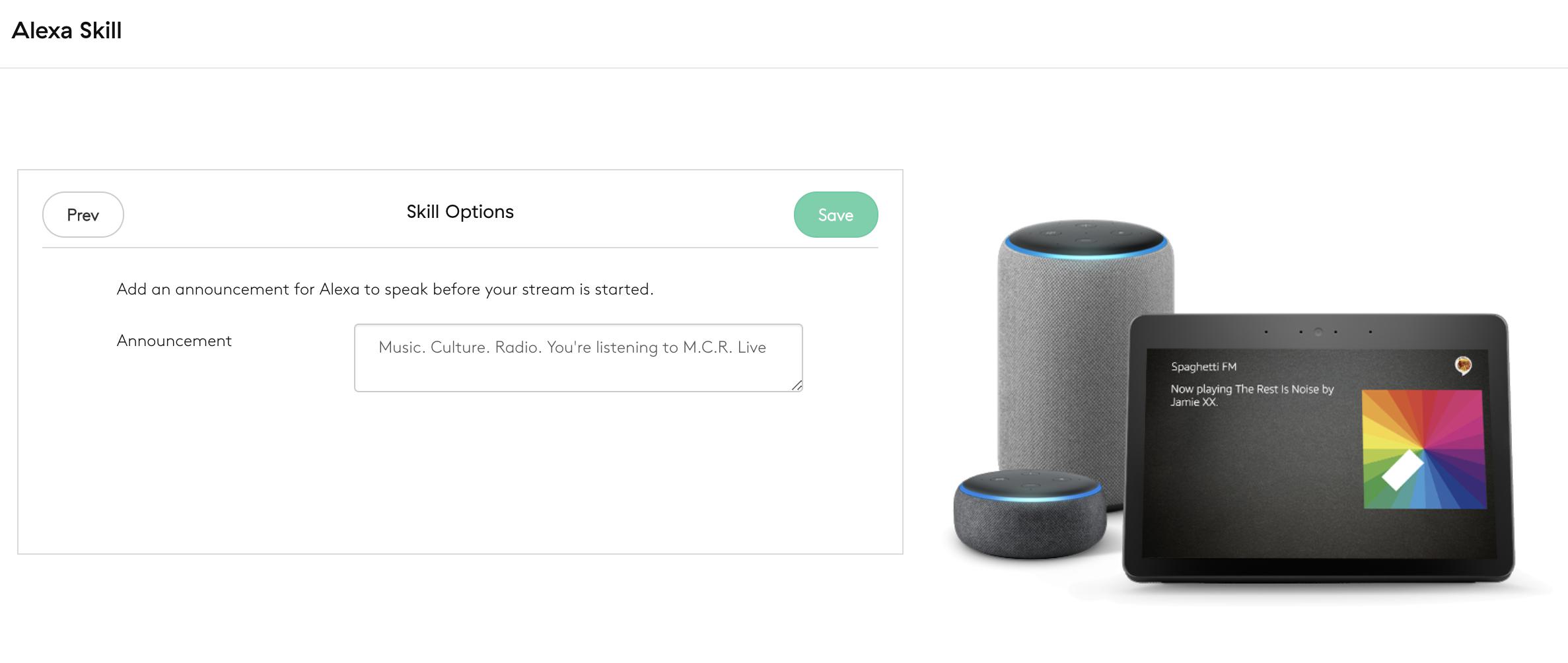 Image shows the further Alexa Skill options window in the Radio.co dashboard.
