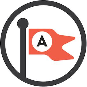 Image is the logo for Archer Avenue, featuring a white background, a black outline of a circle, and a flag illustration with the letter A in the flag.