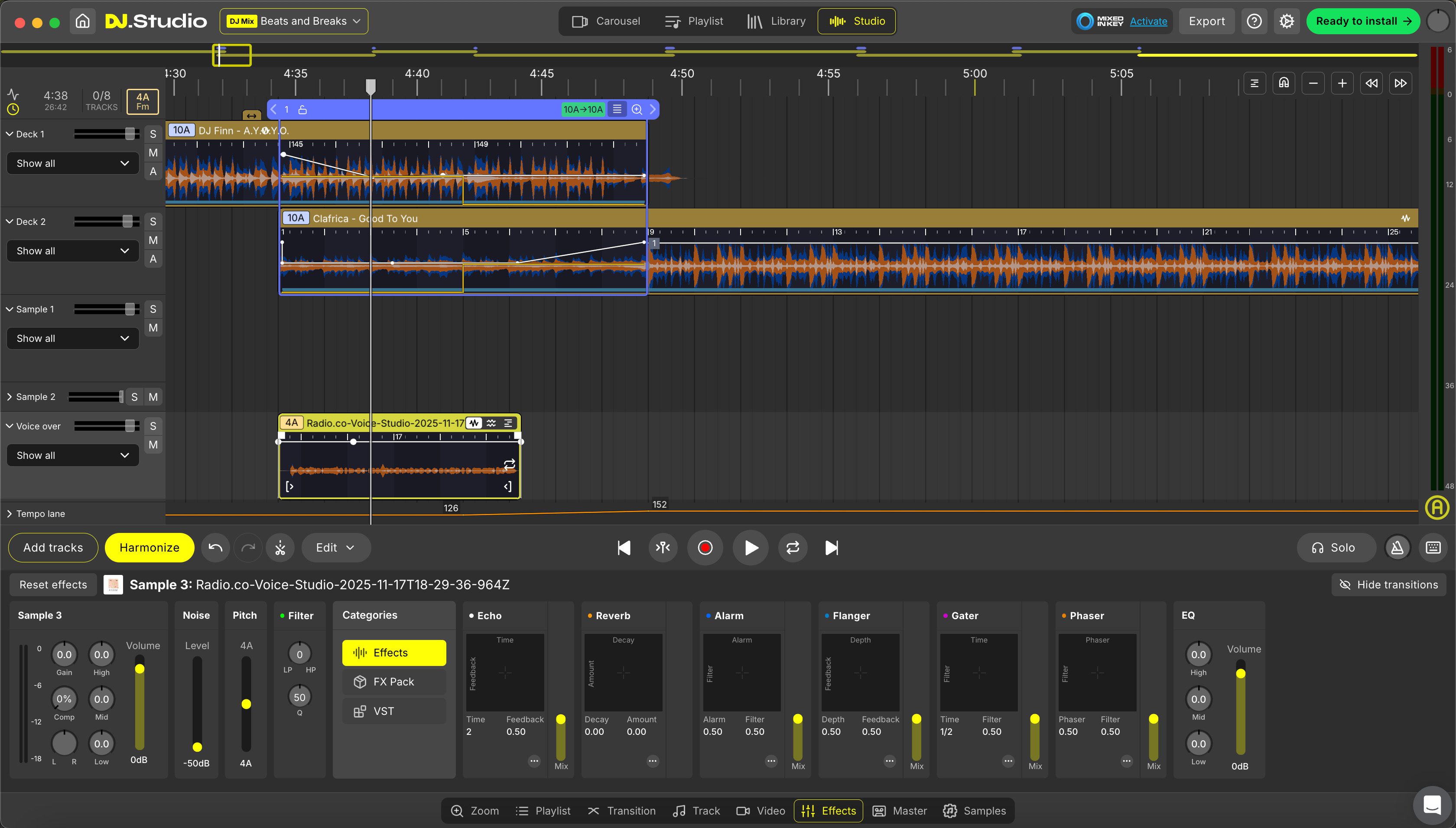 Image shows the volume lowered on some tracks in DJ Studio.