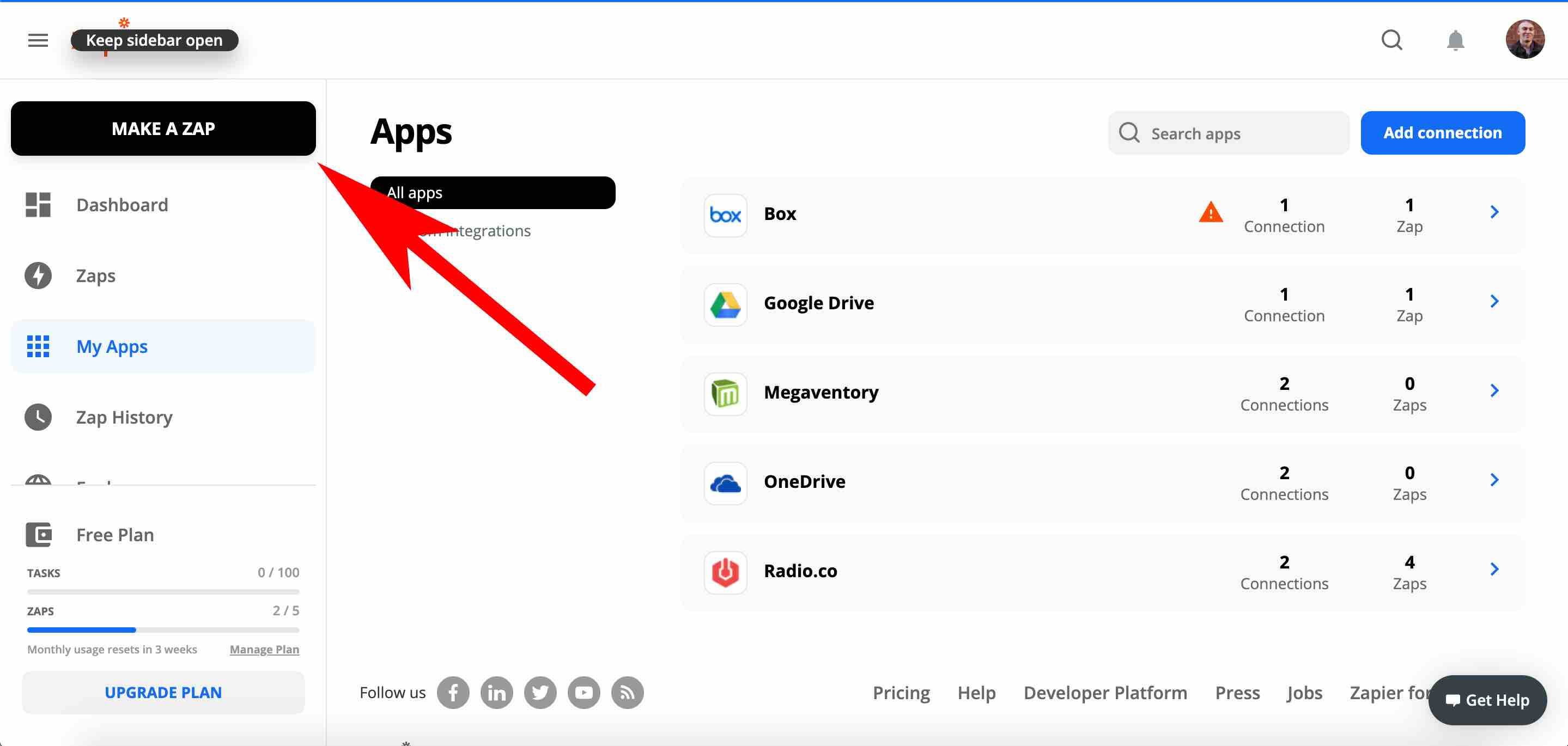 Image is showing a screenshot from Zapier, showing the 'Make a Zap' button highlighted..