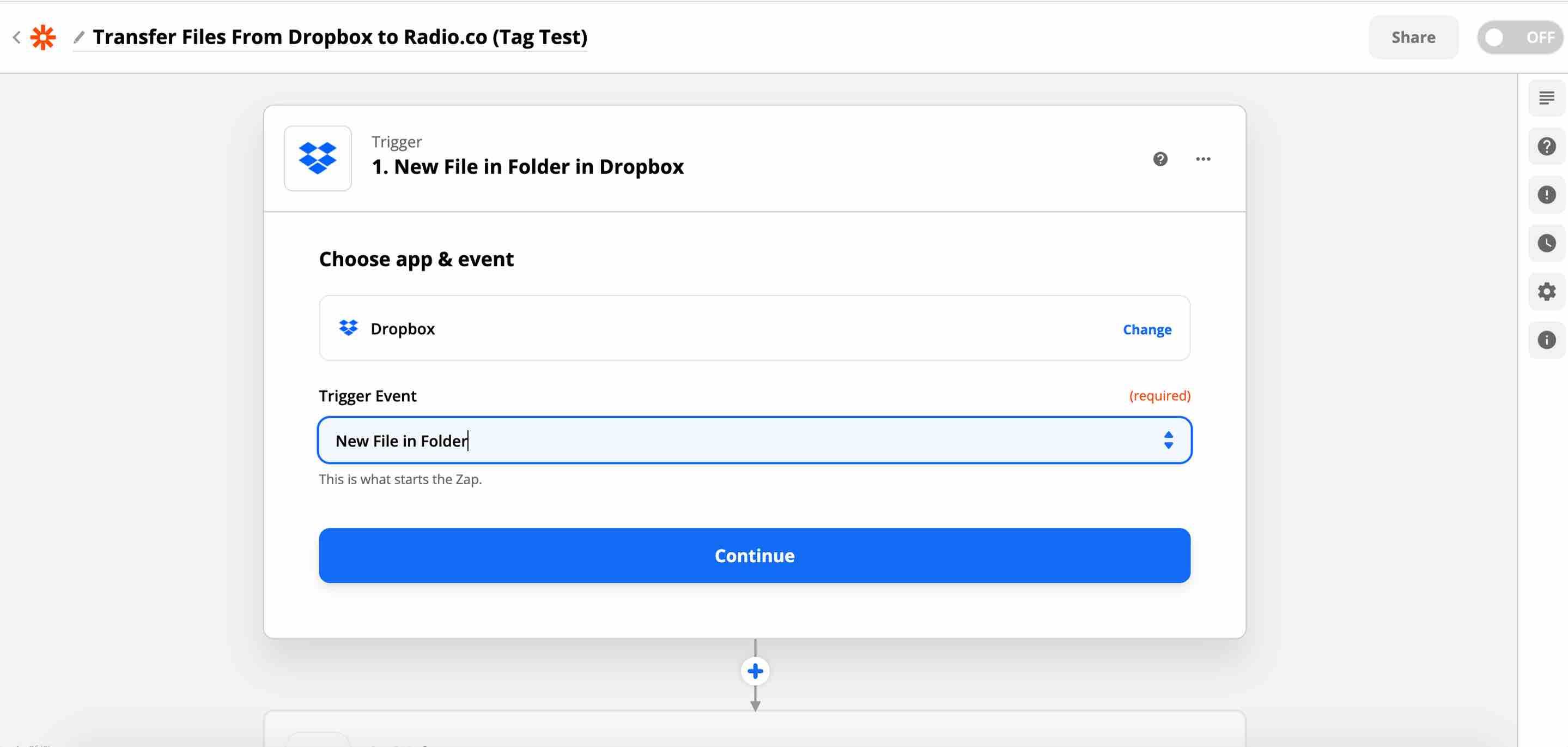 Image is a screenshot showing the Trigger window in Zapier.