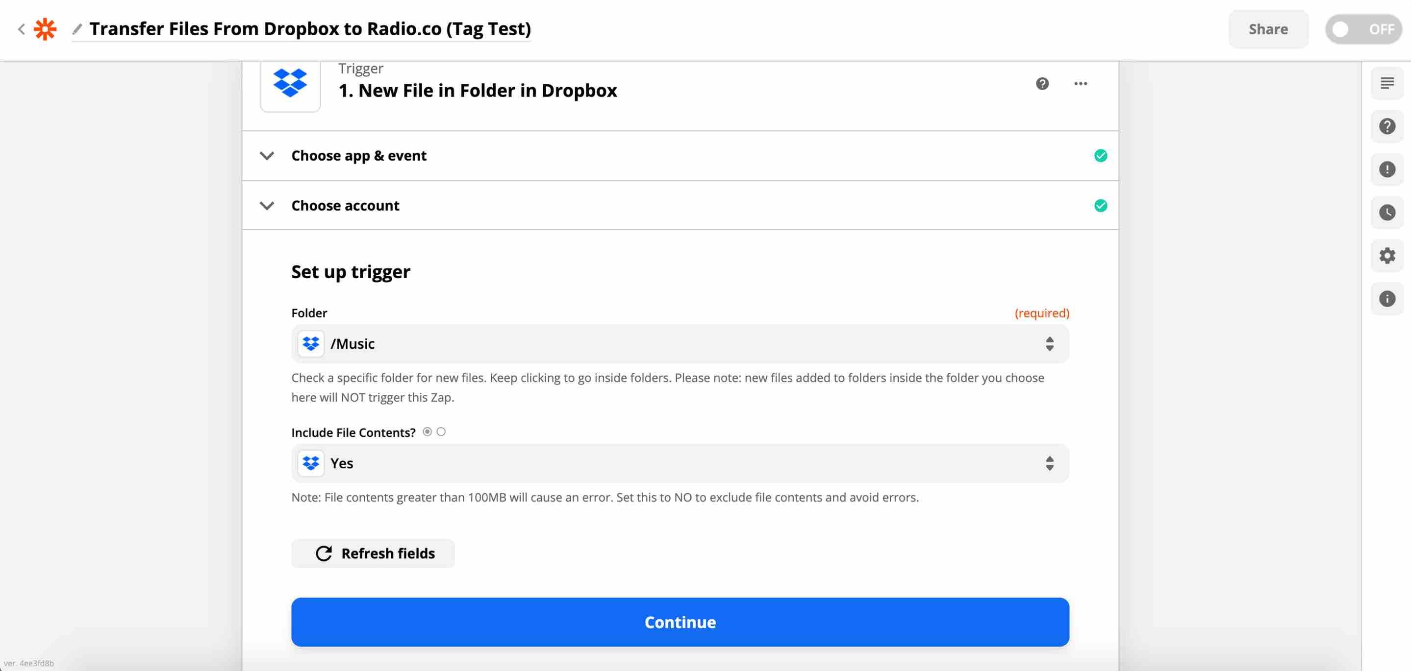 Image is a screenshot showing the Zapier Trigger window on the new Dropbox file step.