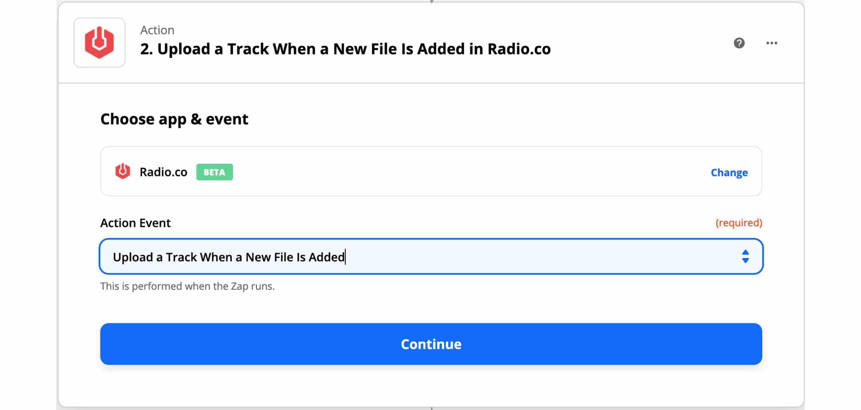 Image is a screenshot of the Zapier window for action events.