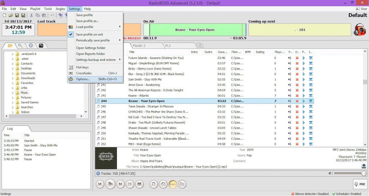 This is an image of how RadioBOSS appears, a white and purple list screenshot.