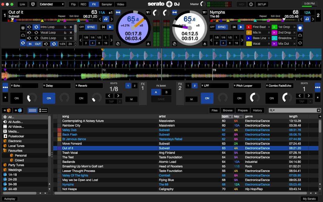 This is a black and purple screenshot of how Serato DJ appears, a list of songs with a mixer visible at the top.