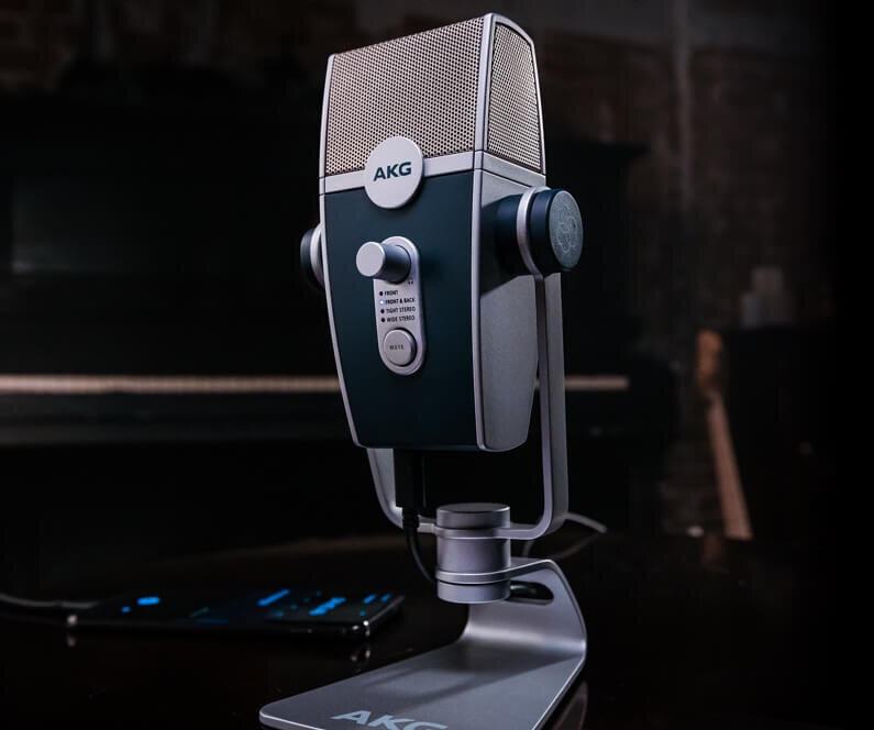 Image shows the blue and silver AKG Lyra microphone, in a radio studio.