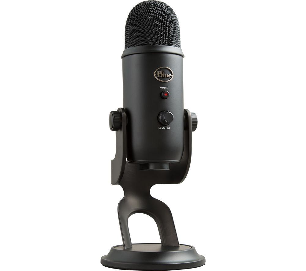 Image shows a black Blue Yeti microphone against a white background.