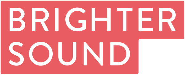 Image shows a logo for Brighter Sound: There is a red-pink block background which contains white capital font reading "Brighter sound".