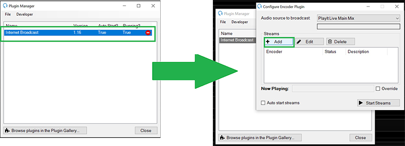 Plugin gallery window & Configure Encoder plugin window