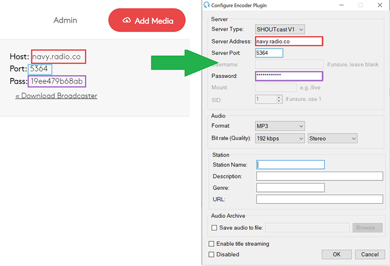 The connection details from Radio.co and the settings window for Configuration Encoder plugin