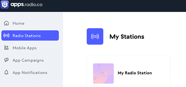 Image is a screenshot from the Radio.co app builder, listing the radio stations on an account.