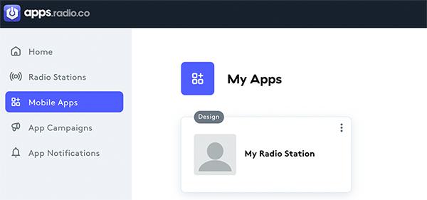 Image is a screenshot from the Radio.co app builder, listing the apps on an account.