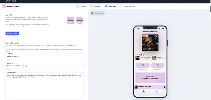 Image shows the Radio.co app builder on the App Info tab.