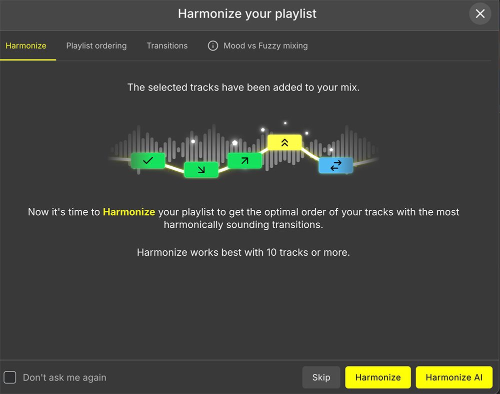 Image shows the Harmonize Window in DJ Studio.