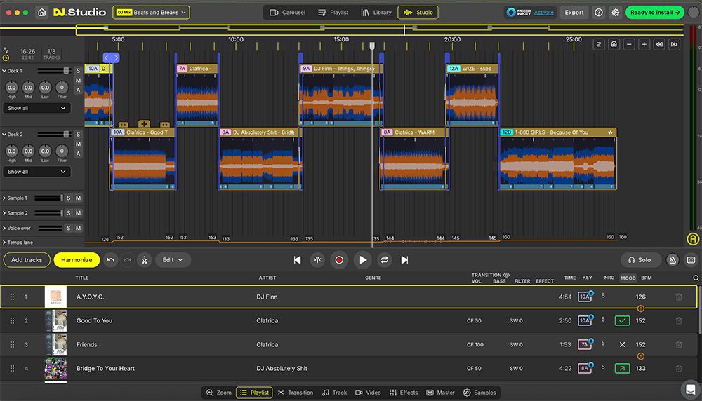 Image shows the Playlist Order in Studio View within DJ Studio.