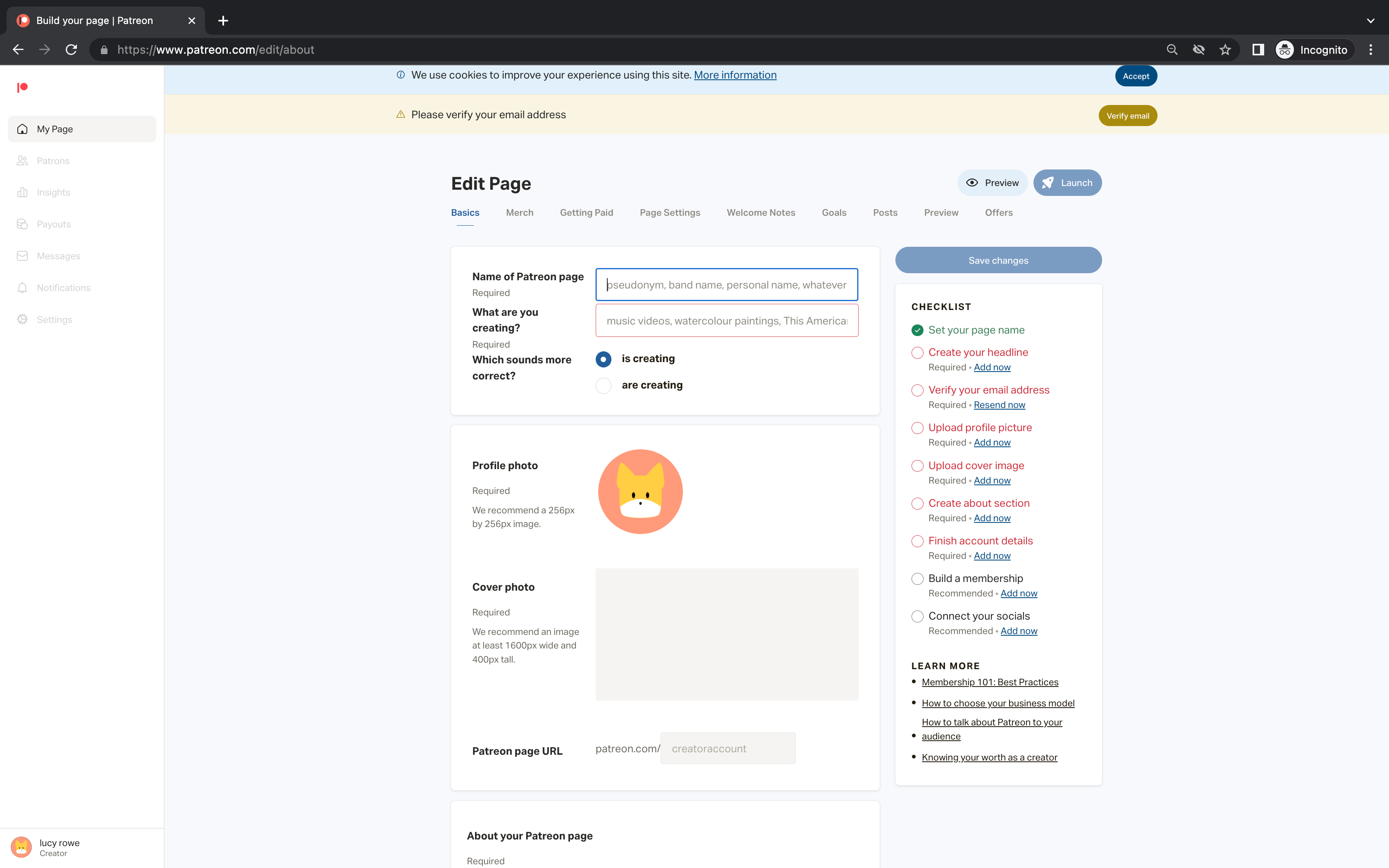 Image shows a screenshot of the settings for editing your Patreon page.