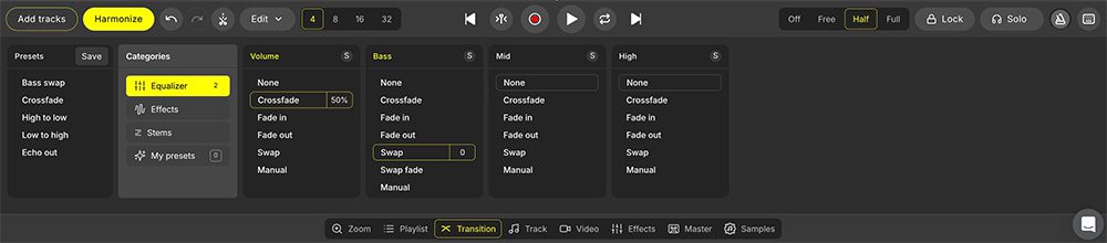 Image shows the transitions editor in DJ Studio.