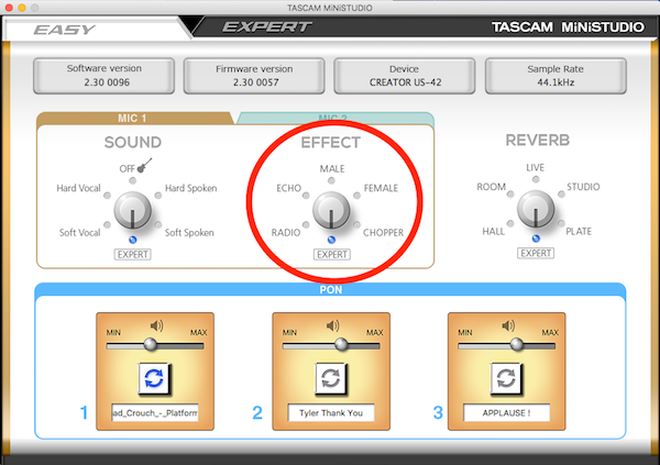 Image is a screenshot from the Tascam MiniStudio Creator US-42 app showing some effects that can be applied.