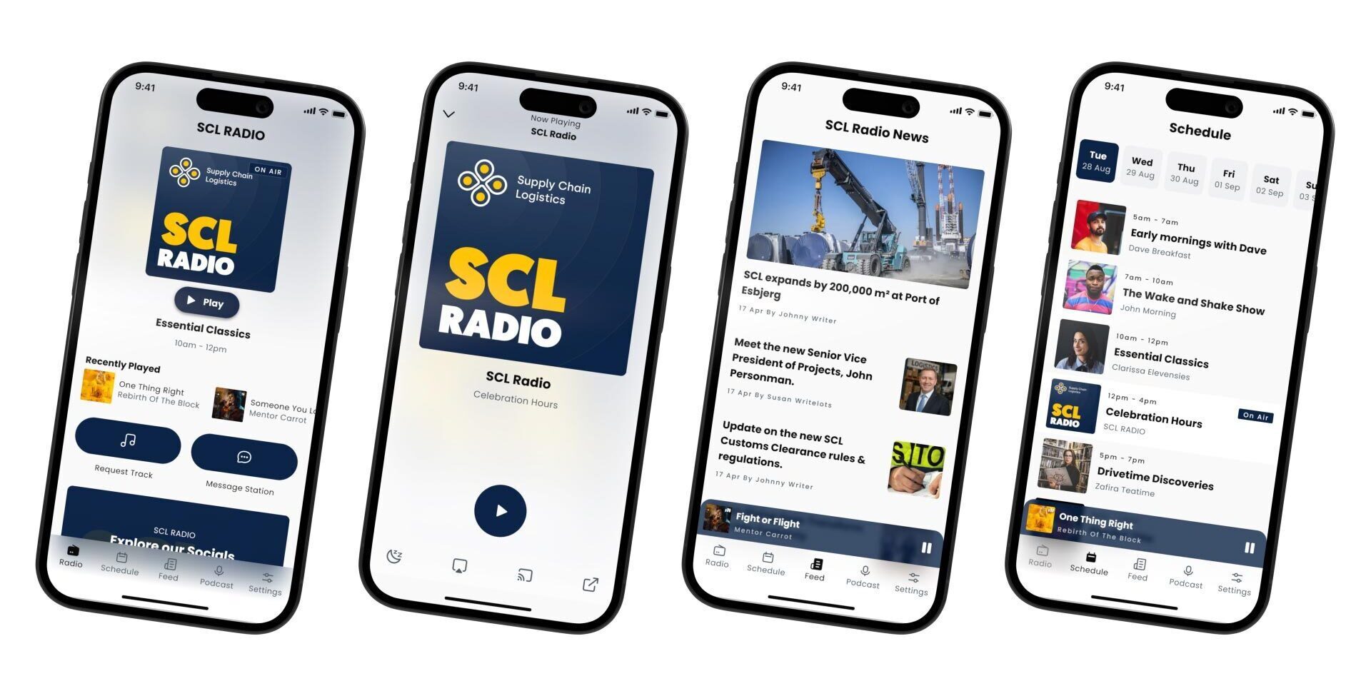 4 side by side examples of a company radio station mobile app.