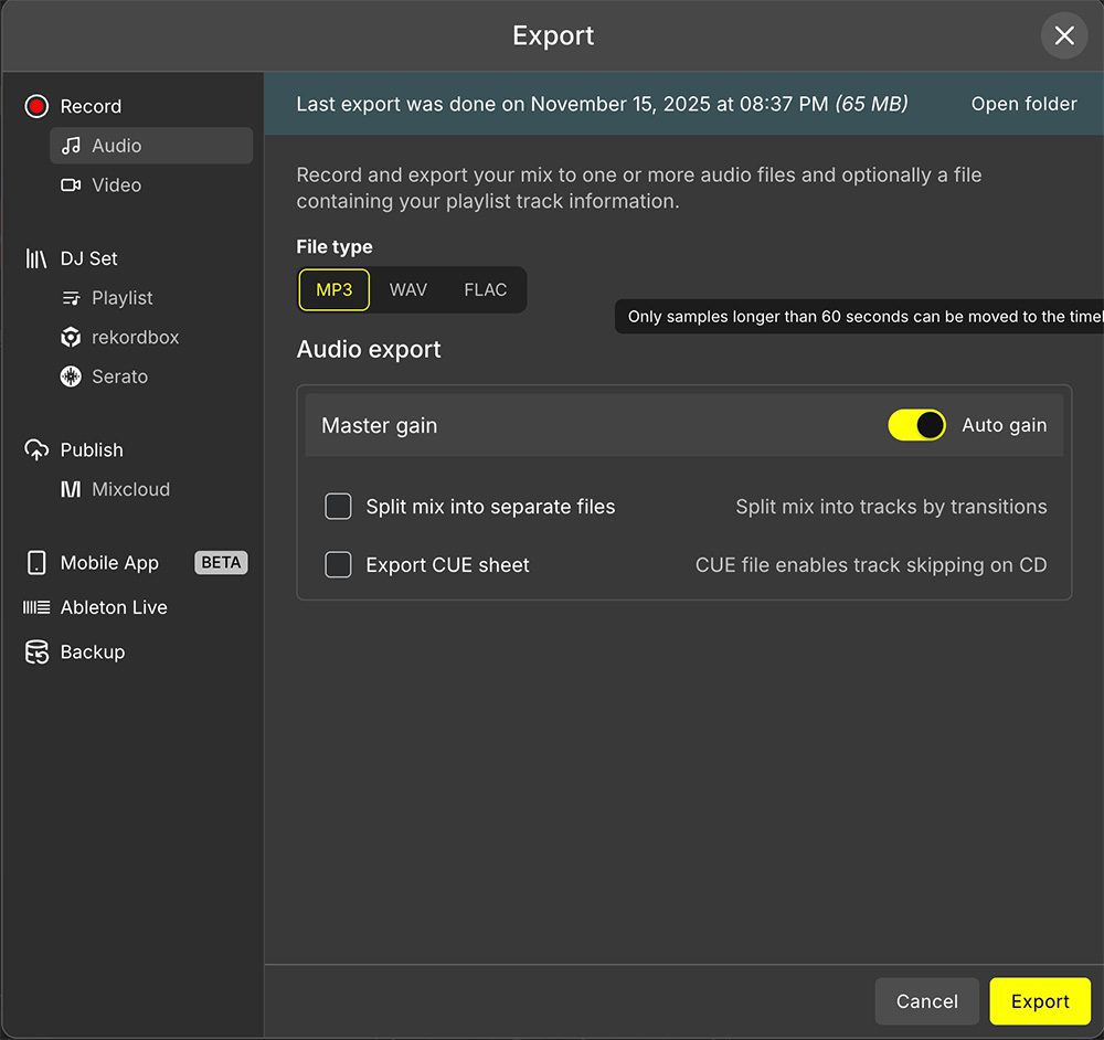 Image shows the Export window in DJ Studio.
