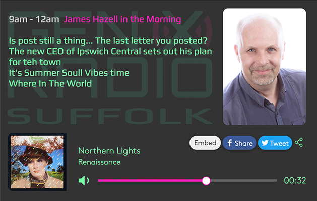 Image shows a screenshot the Gen X radio player with social media share and embed buttons on display.
