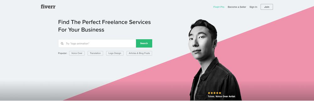 Image shows a screenshot of the homepage for the website Fiverr.
