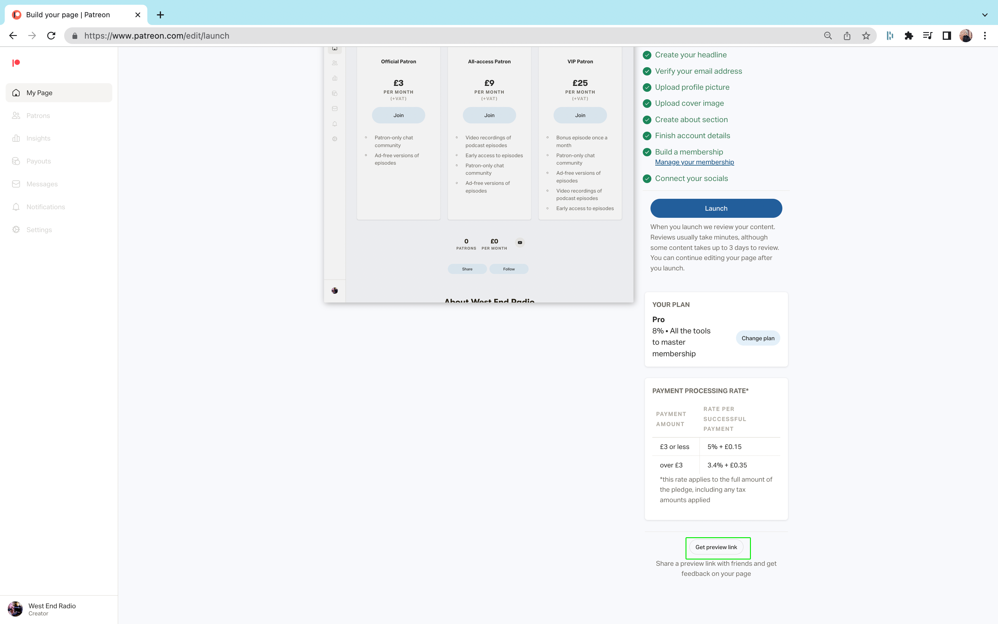 A screenshot showing where the Get Preview Link is in Patreon.