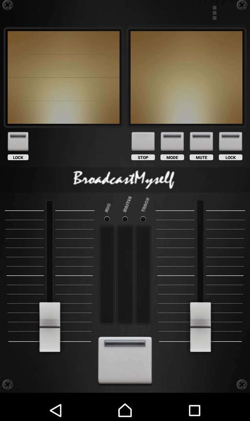 This is a screenshot of the broadcasting process on BroadcastMyself. It is a black screen with two yellowy orange squares at the top, left and right.