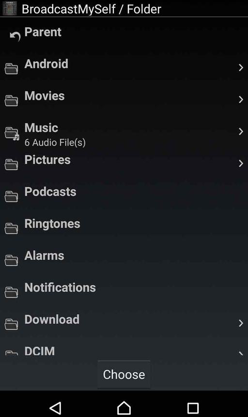 This is a list of folders on BroadcastMySelf, in white text against a black backdrop.
