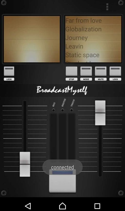 This is an image of a connected BroadcastMyself mixing page, with an image of two silver mixing knobs present.