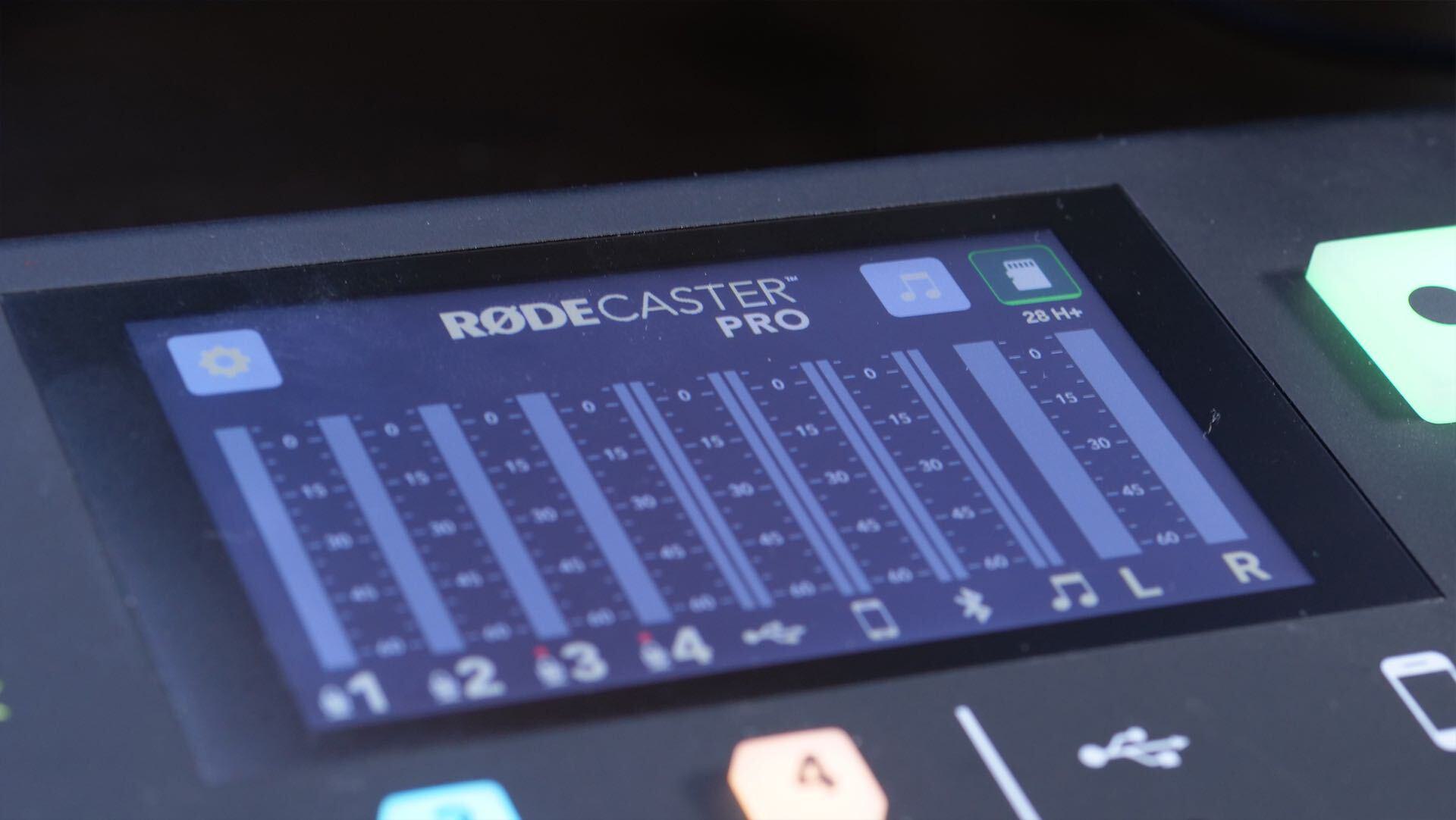 Image shows the broadcast meters displayed on the Rodecaster Pro's touch screen.