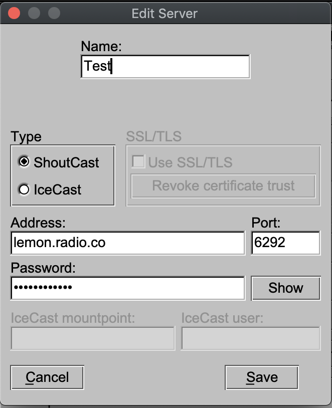 Image shows the software BUTT's server settings window.