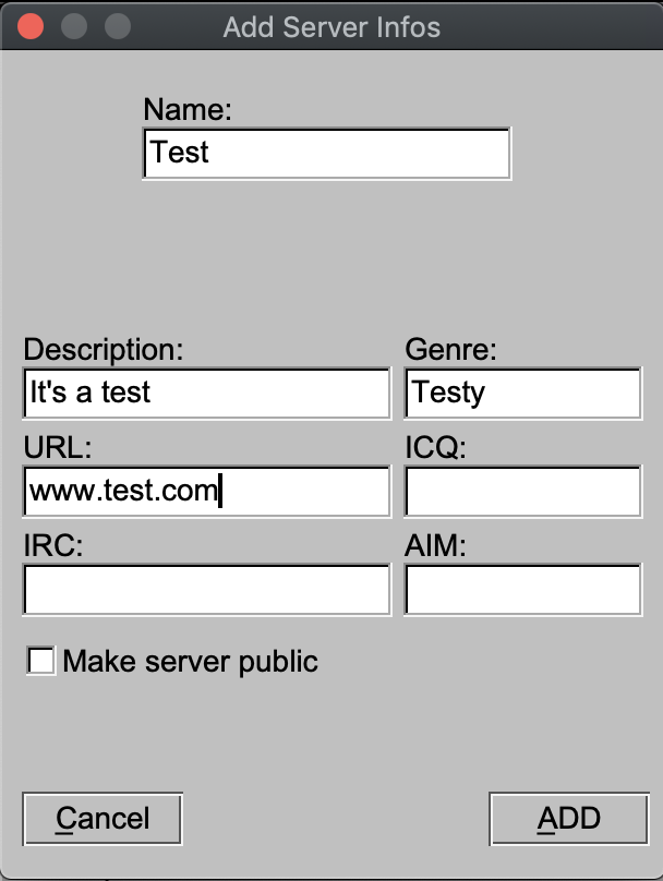Image shows the server info window in the broadcasting software, BUTT.