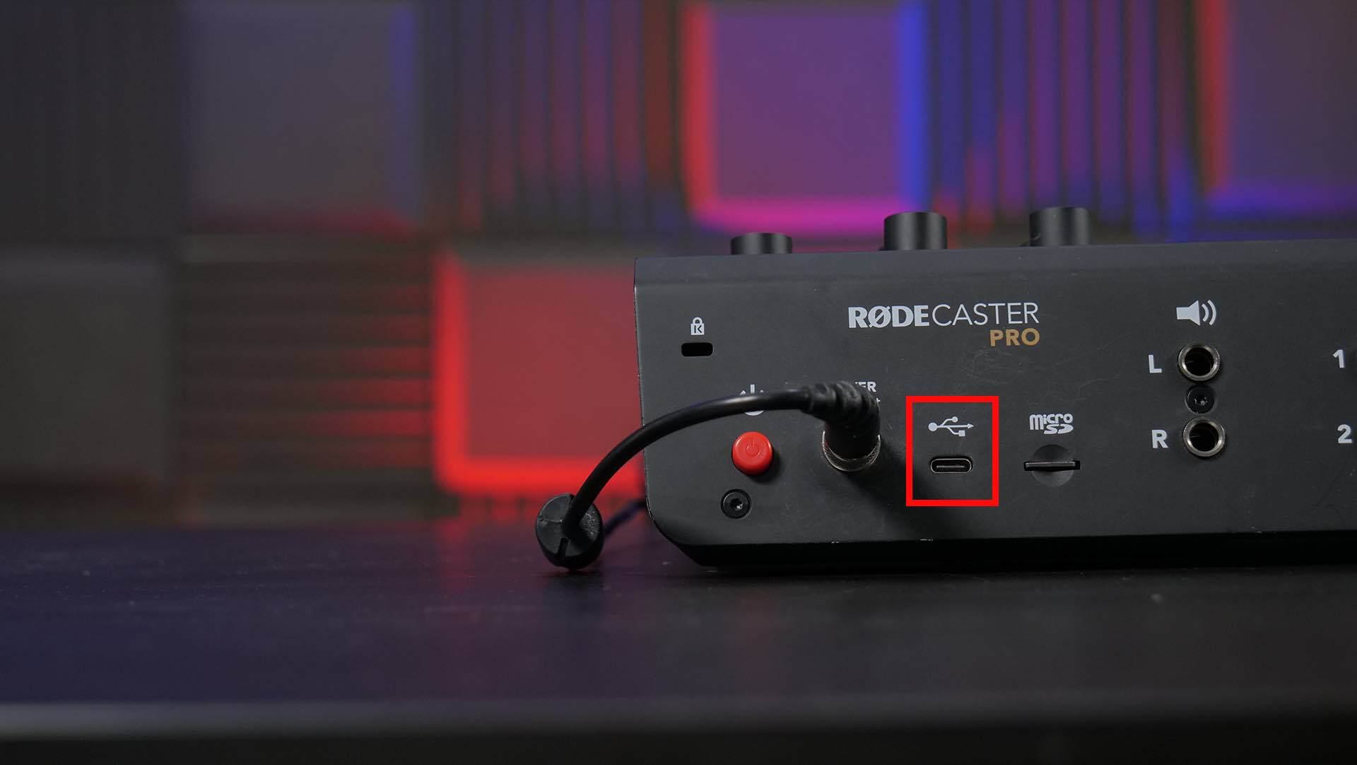 Image shows the back of the Rodecaster Pro, and the USB input is highlighted with a red square.