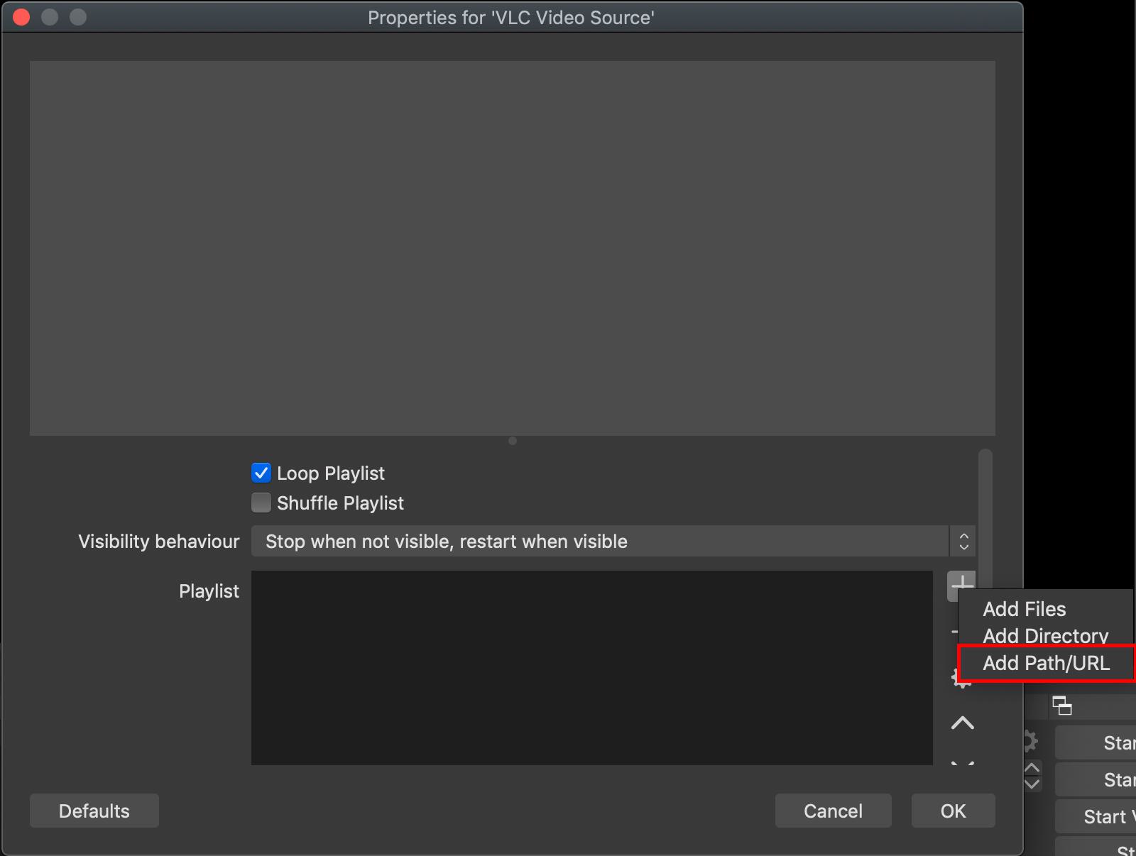 Image shows how to add in a YouTube URL in OBS.