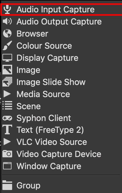 Image shows the list of sources for an OBS scene and 'audio input capture' is highlighted,.