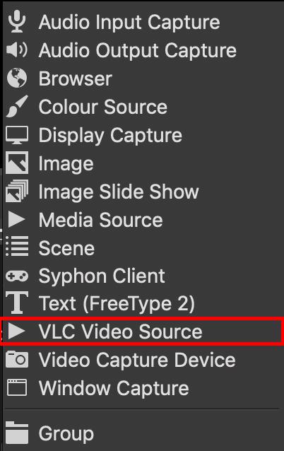 Image shows the list of sources for a scene in OBS. VLC Video Source is highlighted.