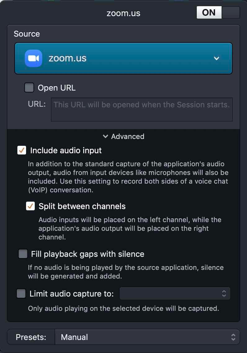 Image shows the Audio Hijack Application Settings for Zoom.