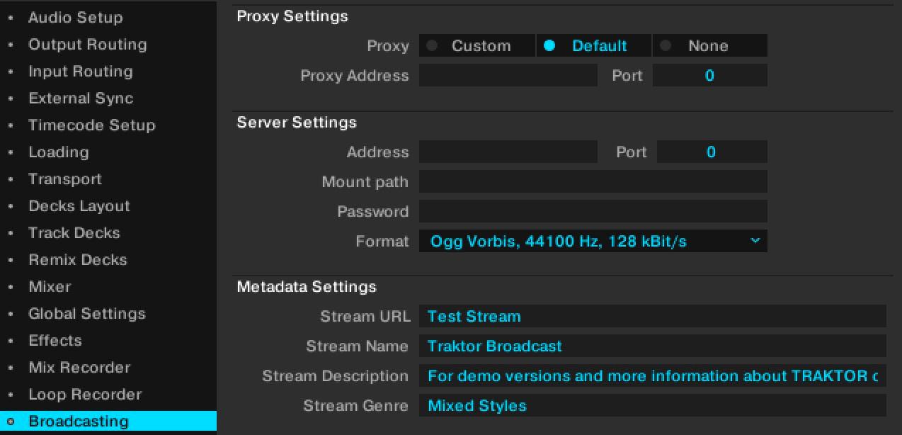 This is a thin black strip of a screenshot illustrating how to broadcast through Traktor. This is step 3 of the process.