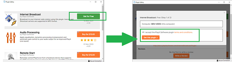 The plugin library windows to install the internet broadcast plugin.