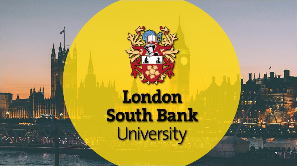 The backdrop of this image is a sunsetted houses of Parliament and London Bridge. The centre is a yellow circle containing South Bank University.