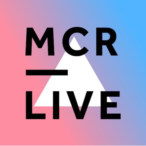 Image is the logo for MCR Live, showing a pink and blue gradient background, black font that reads: MCR LIVE and a white triangle behind the font.