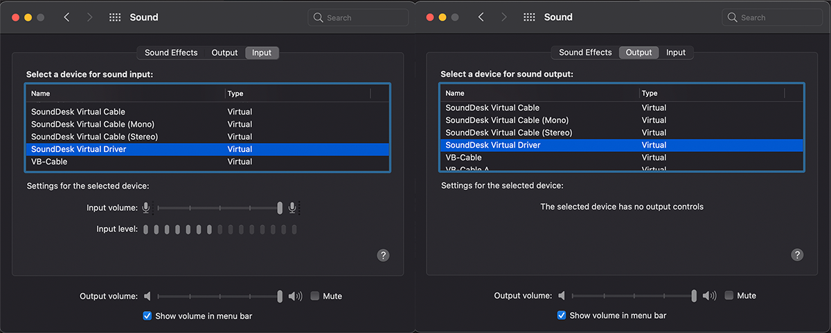 Image showing the Mac Sound Preferences. The SoundDesk Virtual Driver has been selected at both the input and output.
