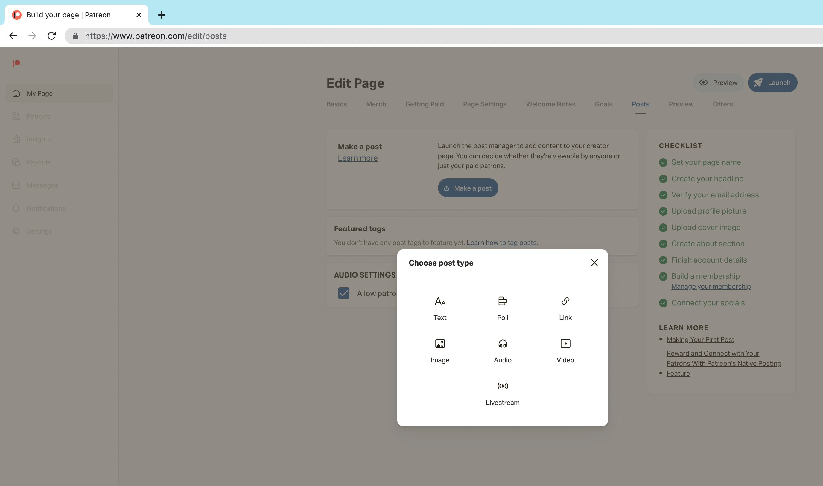A screenshot showing what type of posts you can add to your Patreon page.